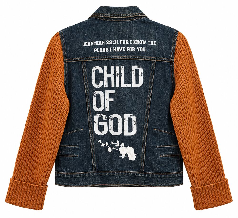 Child of God Custom Christian Upcycled Knit Sleeves Denim Jacket